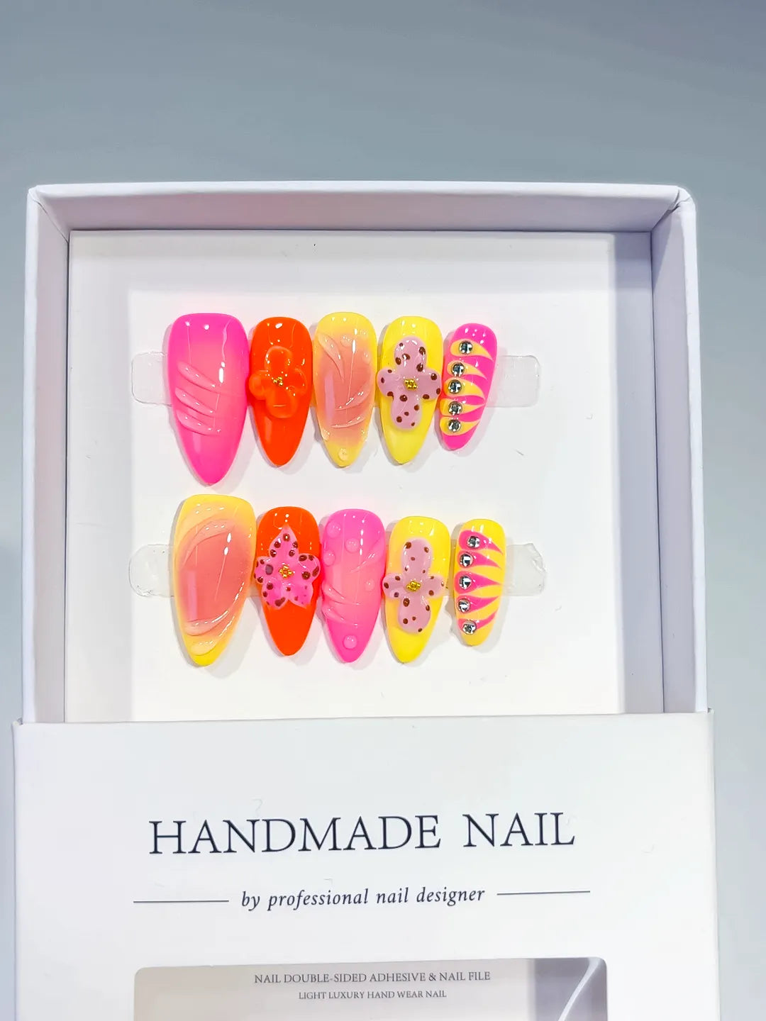 D345 - Medium Pink Orange Almond Abstract Flower Rhinestone VibeNailsLab