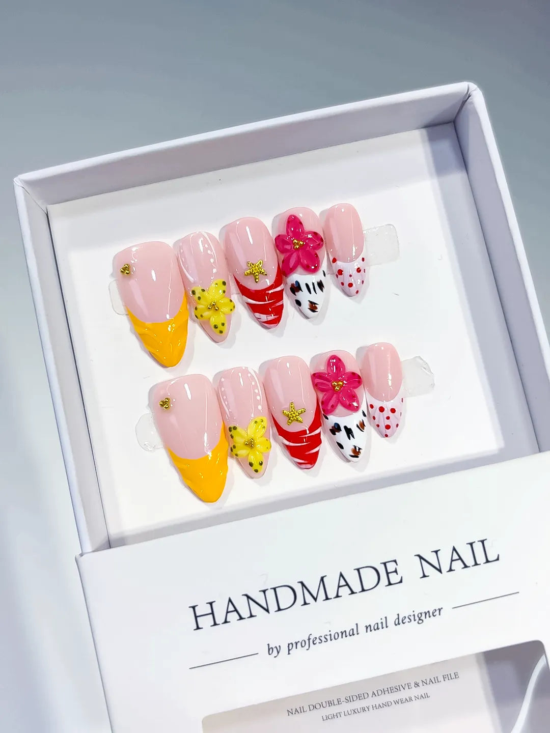D346 - Medium Pink Yellow Almond French tip Flower Animal Print VibeNailsLab