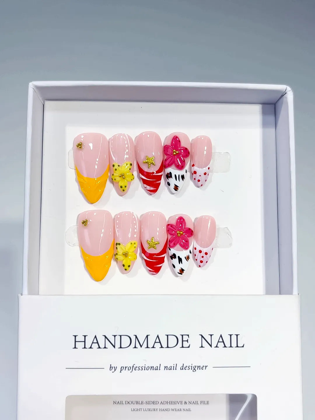 D346 - Medium Pink Yellow Almond French tip Flower Animal Print VibeNailsLab