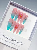 D353 - Long Pink Blue Stiletto Ombre Flower Rhinestone VibeNailsLab
