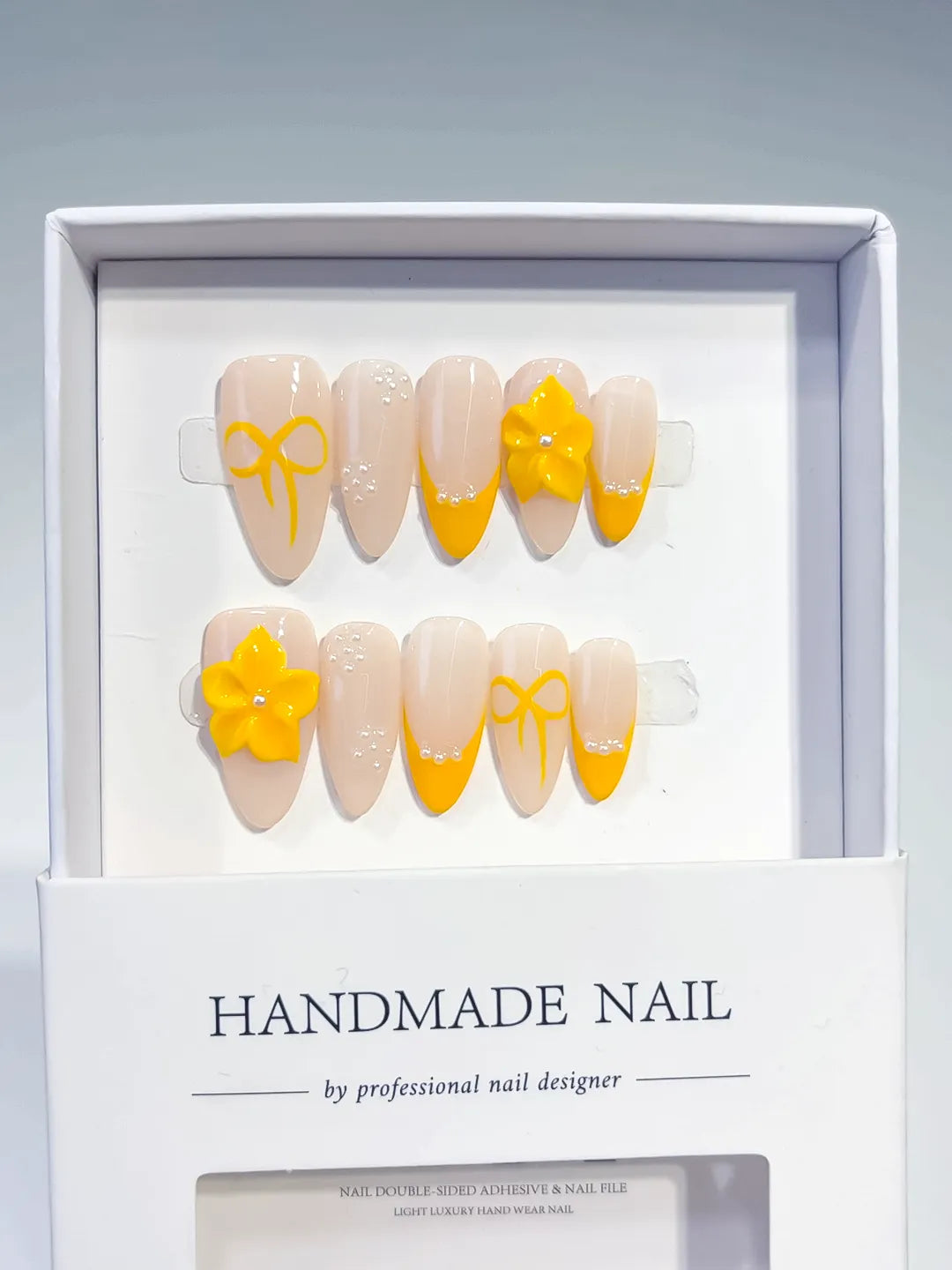 D359 - Medium Nude Yellow Almond French tip Flower Bow