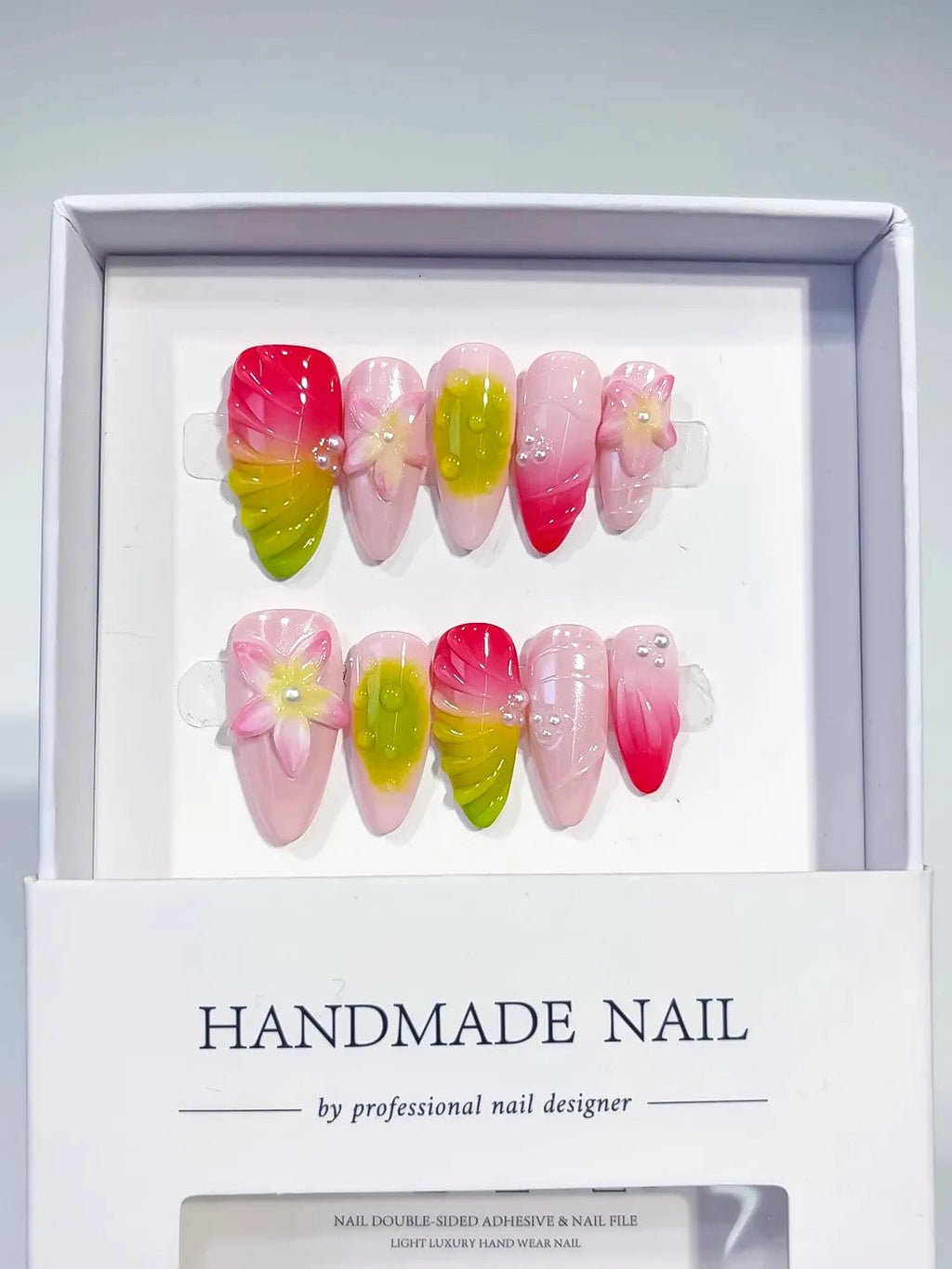 D354 - Medium Pink Yellow Almond Ombre Flower Pearl VibeNailsLab