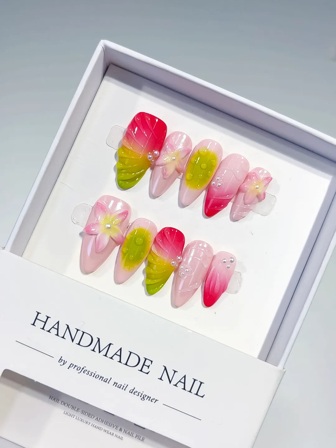 D354 - Medium Pink Yellow Almond Ombre Flower Pearl VibeNailsLab