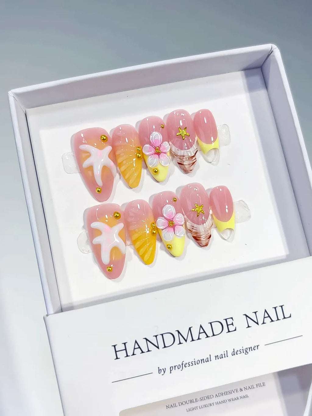 D355 - Medium Pink Yellow Almond French tip Starfish Flower VibeNailsLab