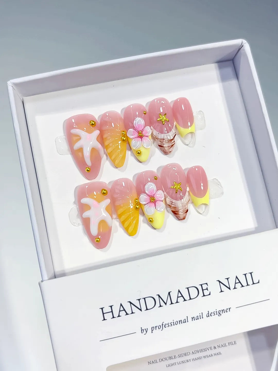 D355 - Medium Pink Yellow Almond French tip Starfish Flower VibeNailsLab