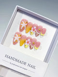 D355 - Medium Pink Yellow Almond French tip Starfish Flower VibeNailsLab