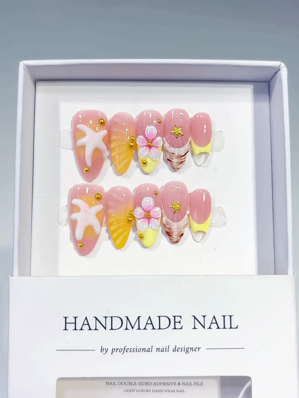 D355 - Medium Pink Yellow Almond French tip Starfish Flower VibeNailsLab