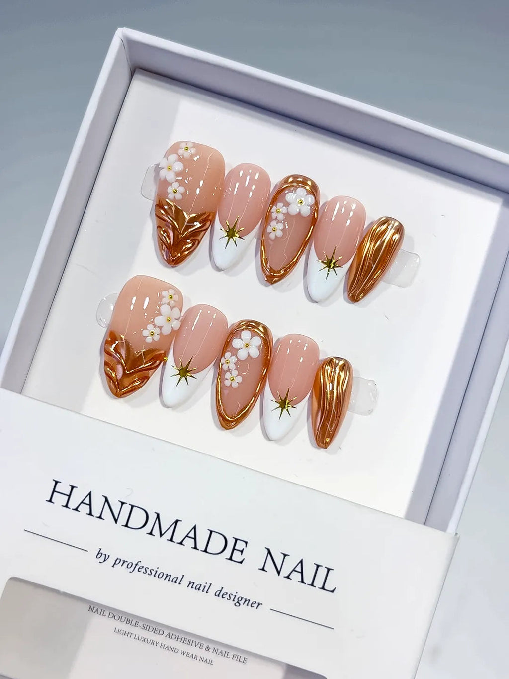 D358 - Medium Nude Brown Almond Metallic Flower Star VibeNailsLab