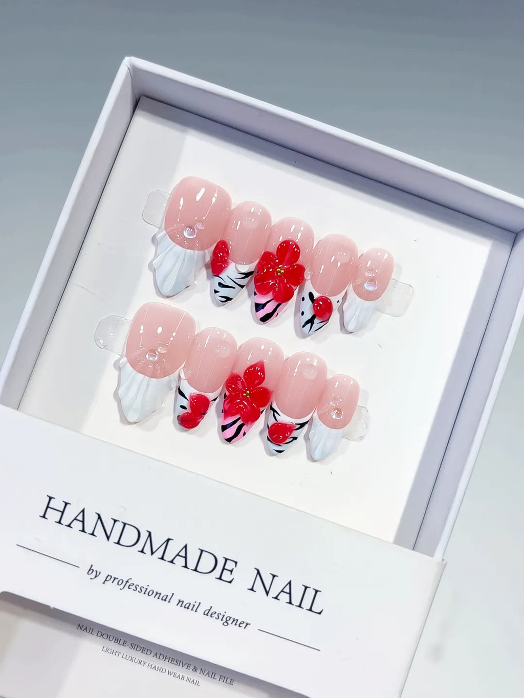 D363 - Medium Nude White Almond French tip Flower Heart