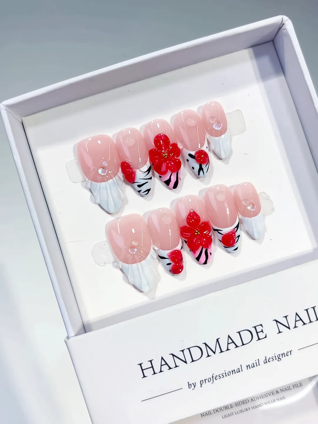 D363 - Medium Nude White Almond French tip Flower Heart