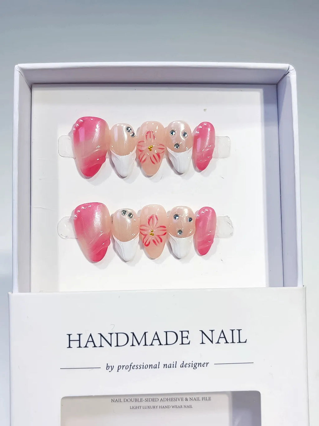 D367 - Short Pink White Almond Ombre Flower Rhinestone VibeNailsLab
