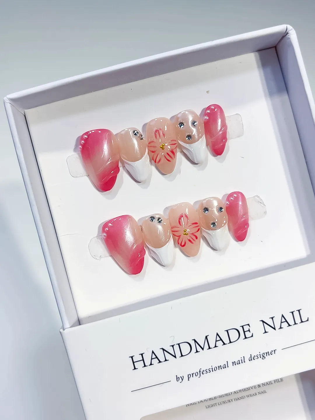 D367 - Short Pink White Almond Ombre Flower Rhinestone VibeNailsLab