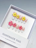 D368 - Medium Nude White Almond French tip Flower VibeNailsLab