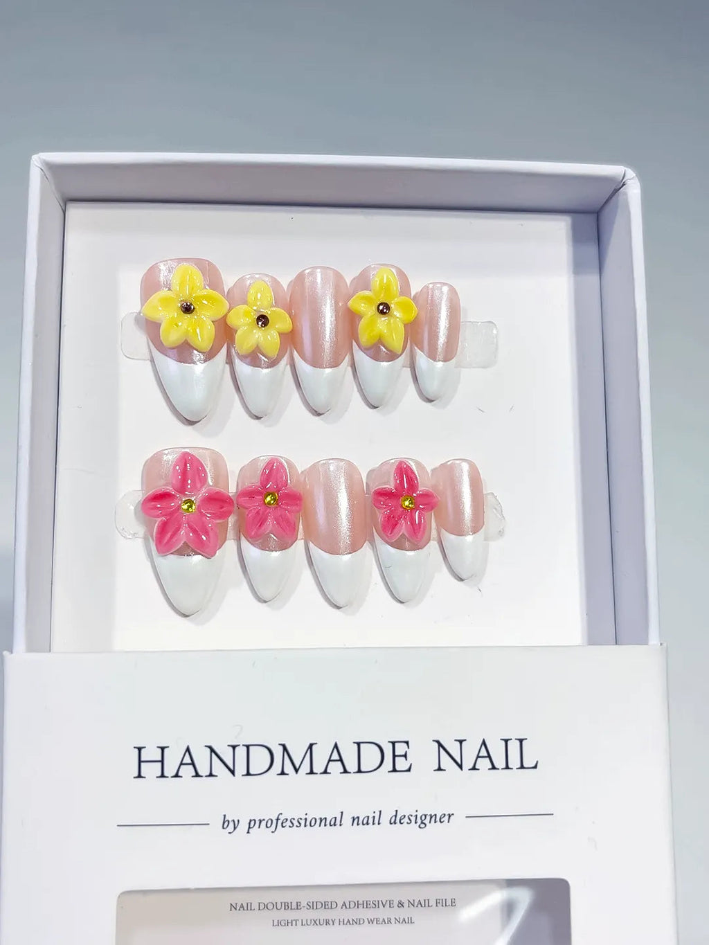 D368 - Medium Nude White Almond French tip Flower VibeNailsLab