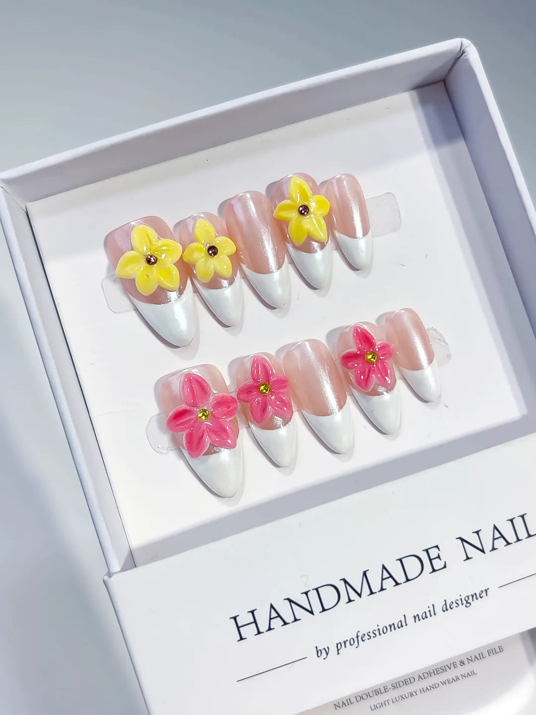 D368 - Medium Nude White Almond French tip Flower VibeNailsLab