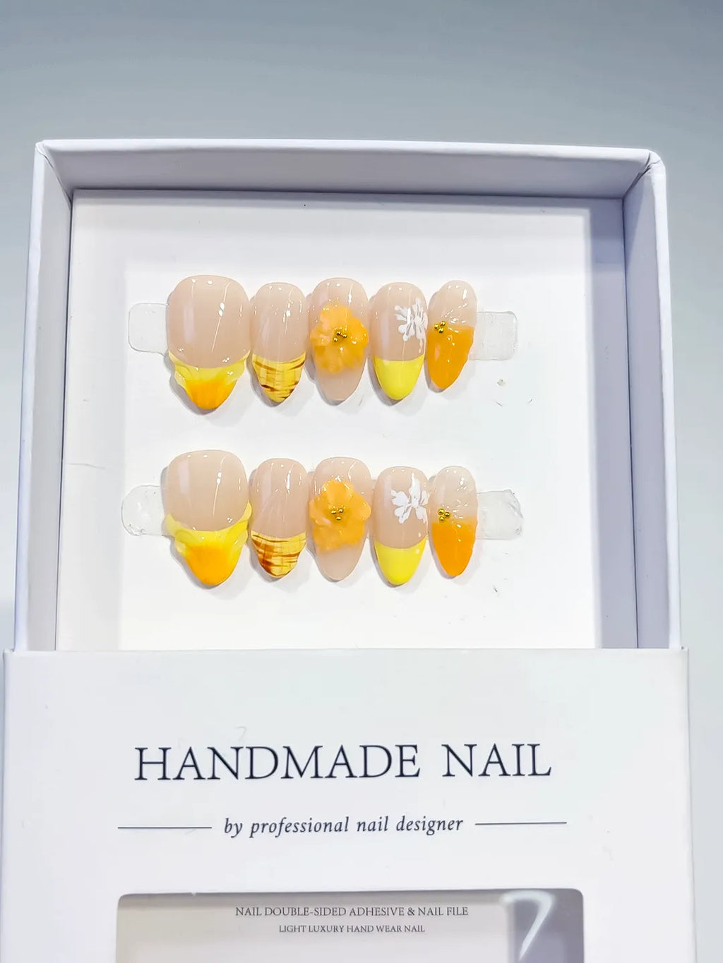 D369 - Short Nude Yellow Almond French tip Flower Fruit