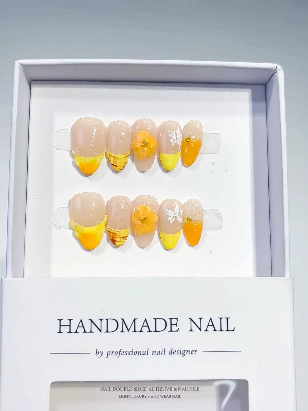 D369 - Short Nude Yellow Almond French tip Flower Fruit