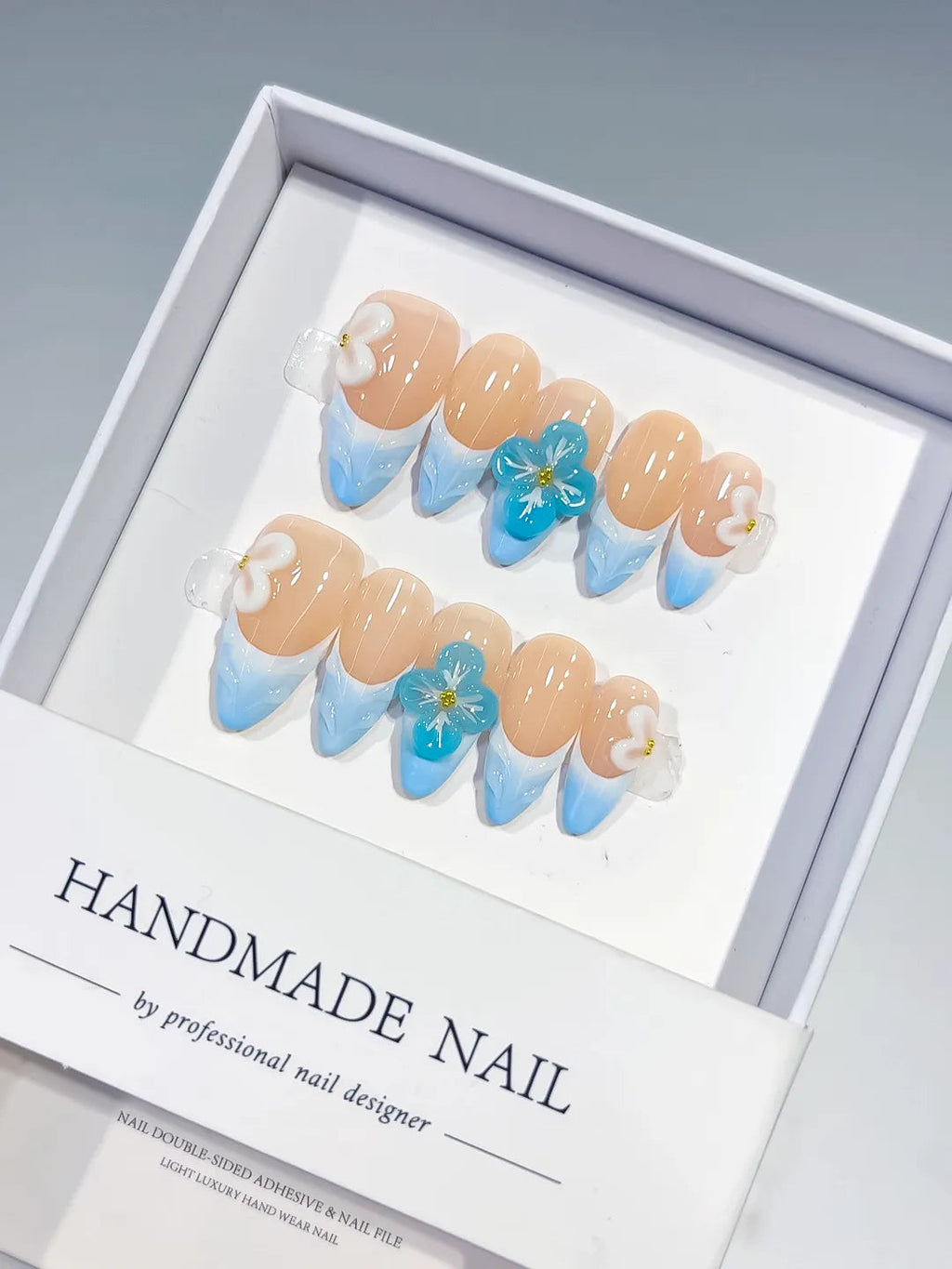 D370 - Medium Nude Blue Almond French tip Flower Bow VibeNailsLab