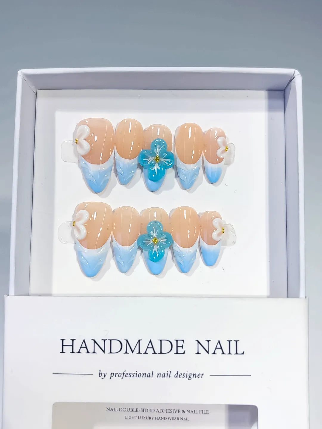 D370 - Medium Nude Blue Almond French tip Flower Bow VibeNailsLab