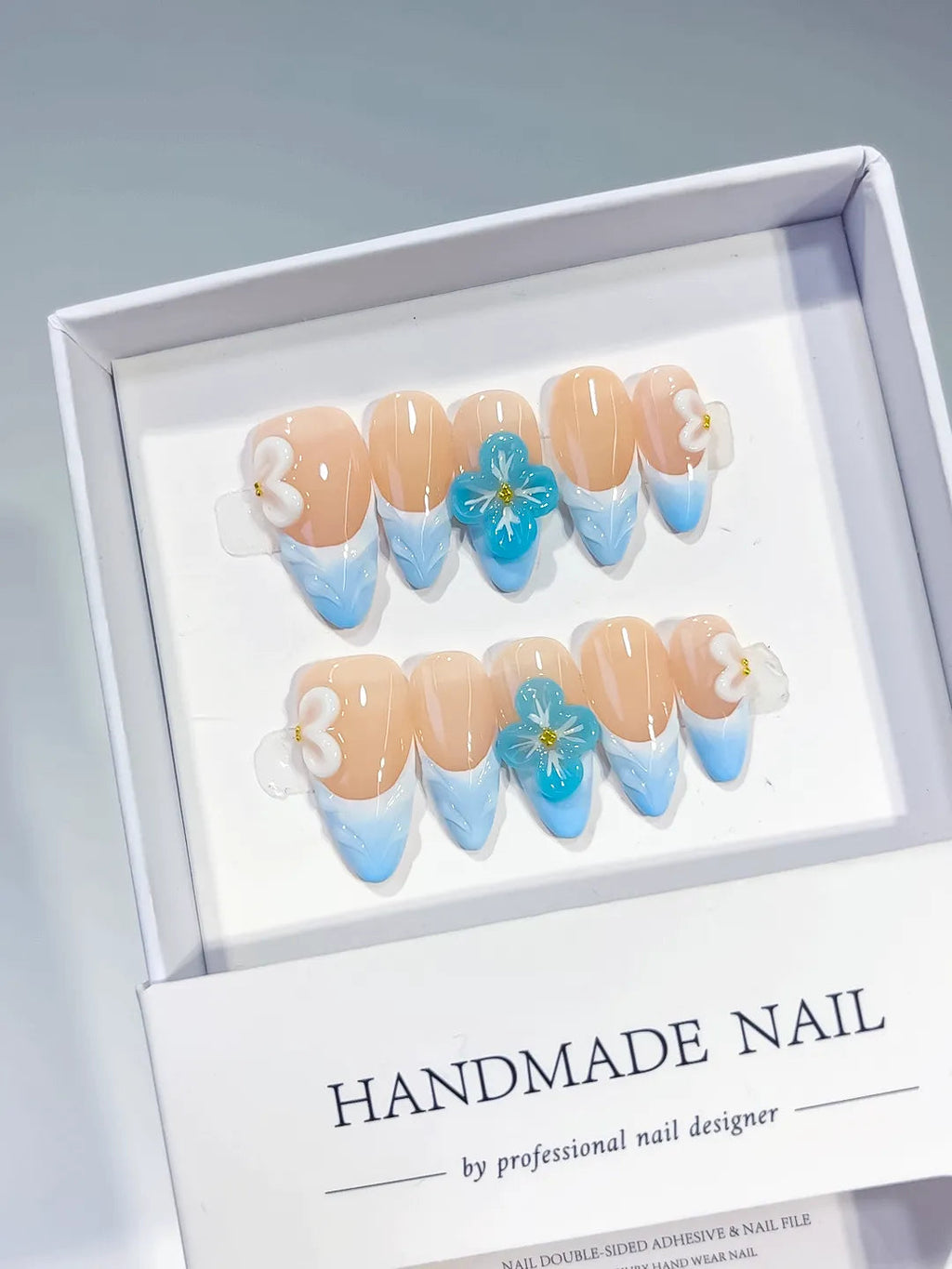 D370 - Medium Nude Blue Almond French tip Flower Bow VibeNailsLab