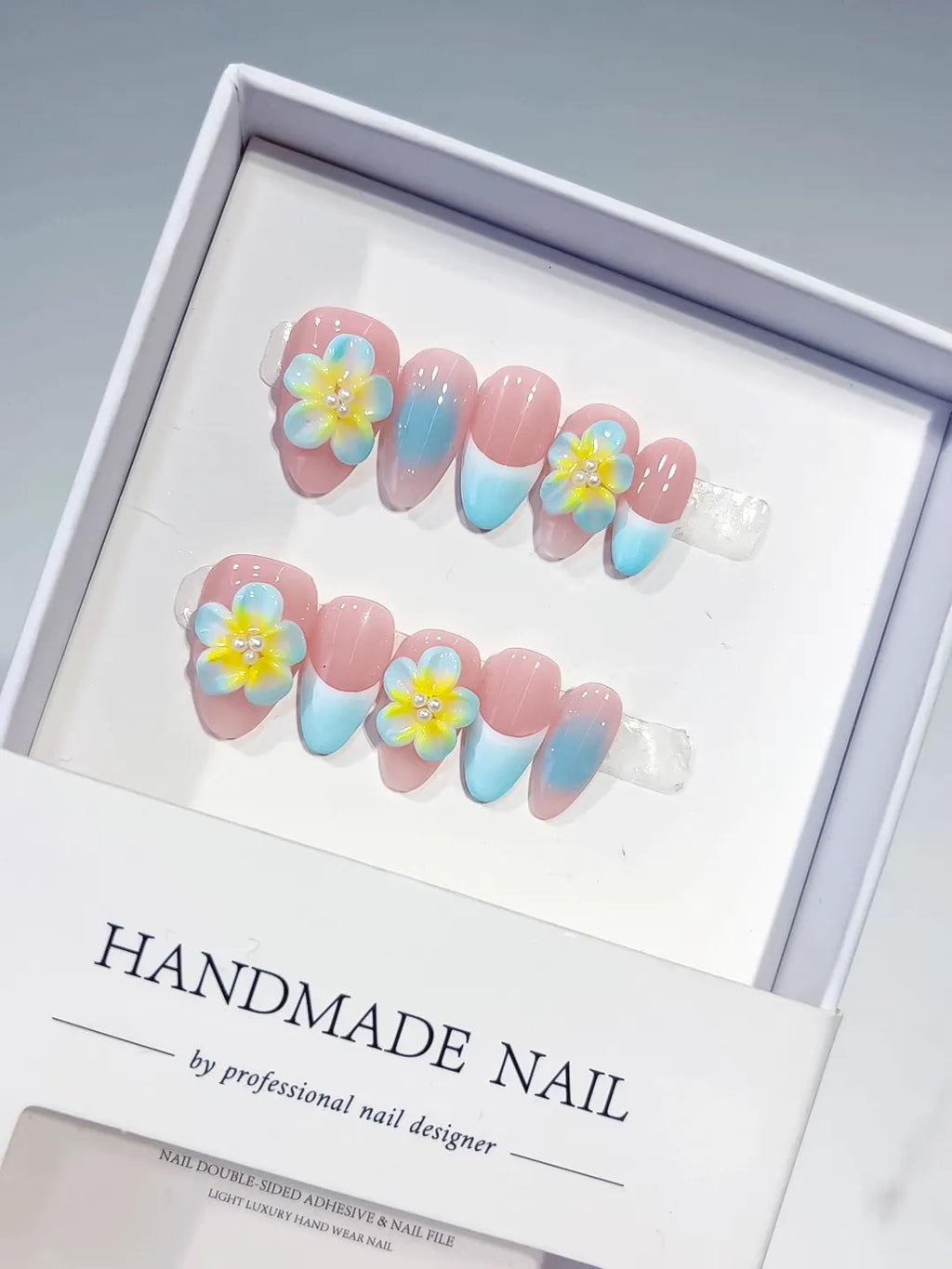 D371 - Short Pink Blue Almond Ombre Flower