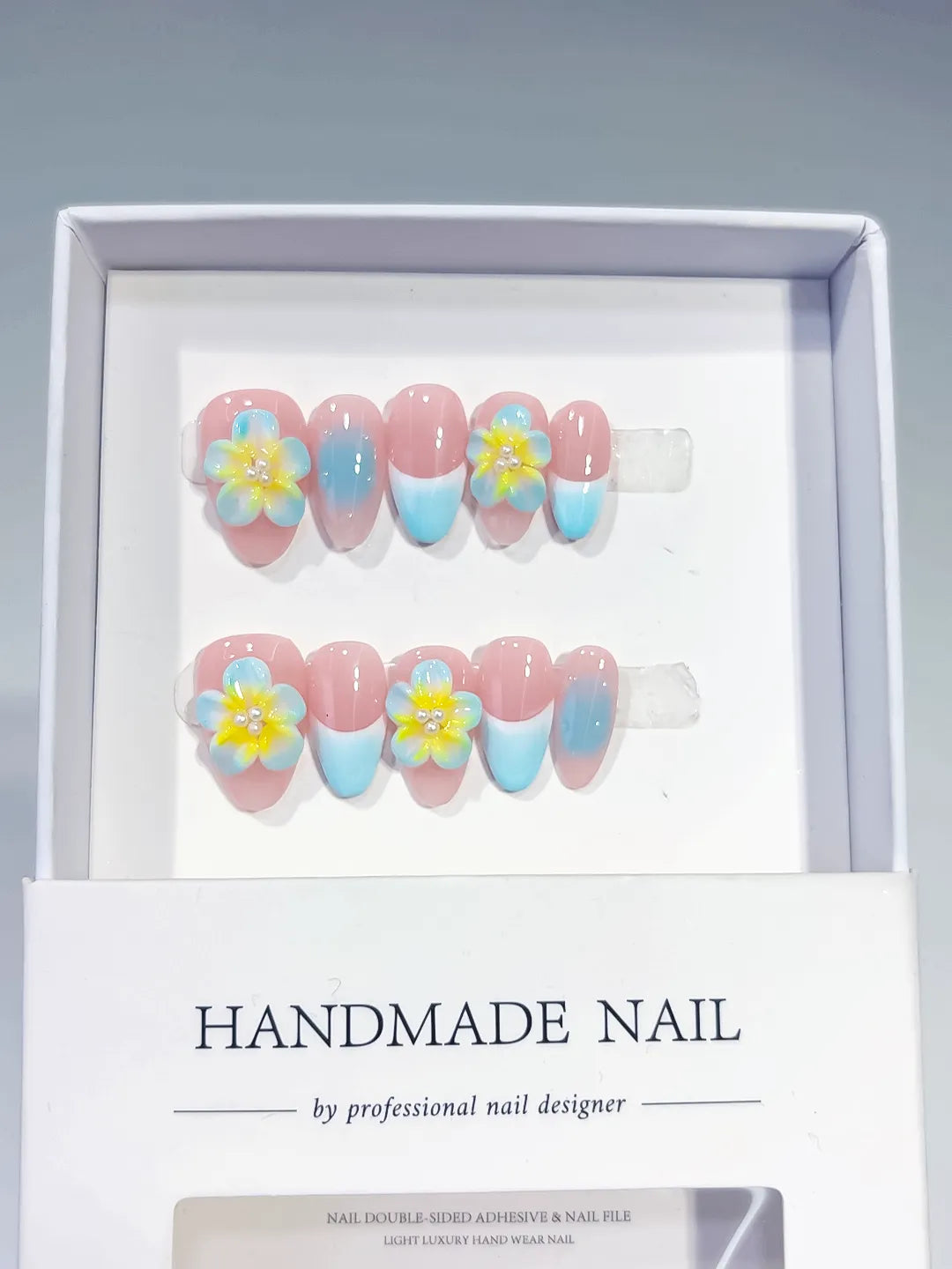 D371 - Short Pink Blue Almond Ombre Flower VibeNailsLab
