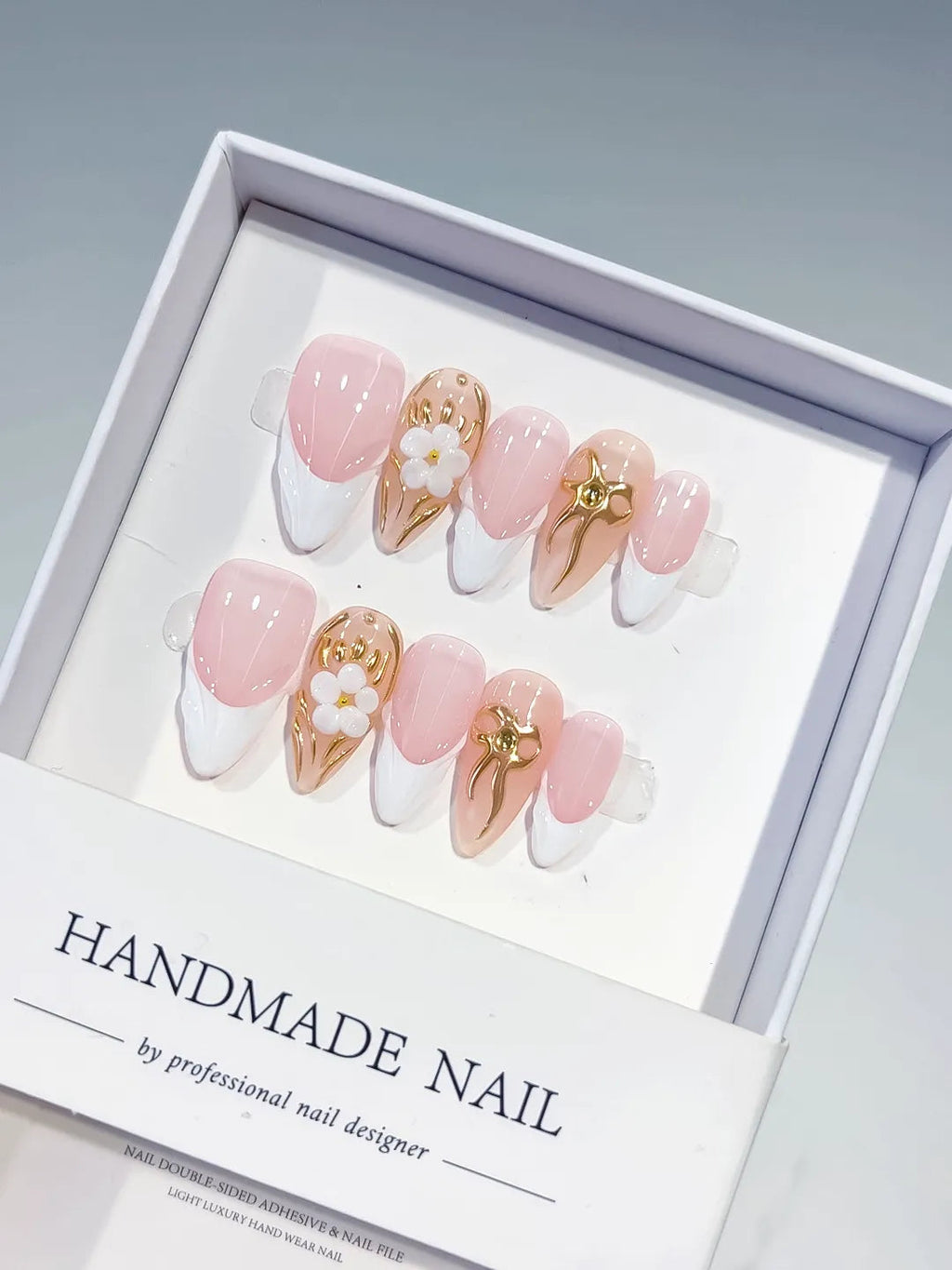 D377 - Medium Pink White Almond French tip Flower Bow VibeNailsLab