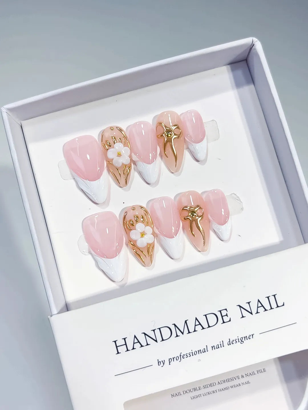 D377 - Medium Pink White Almond French tip Flower Bow VibeNailsLab