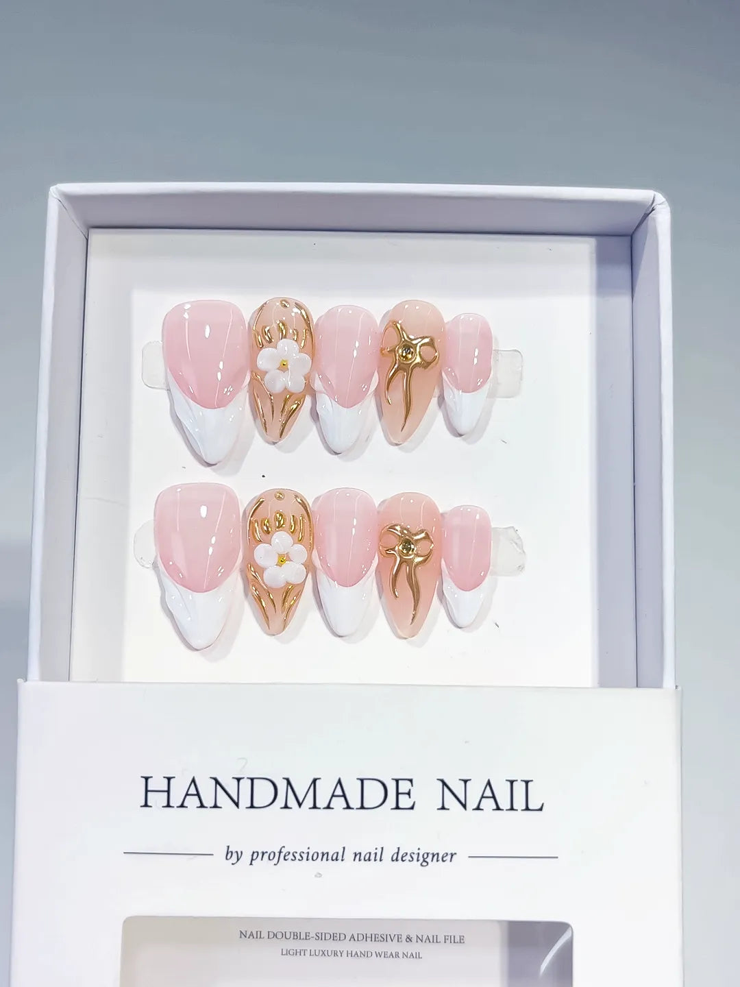 D377 - Medium Pink White Almond French tip Flower Bow VibeNailsLab