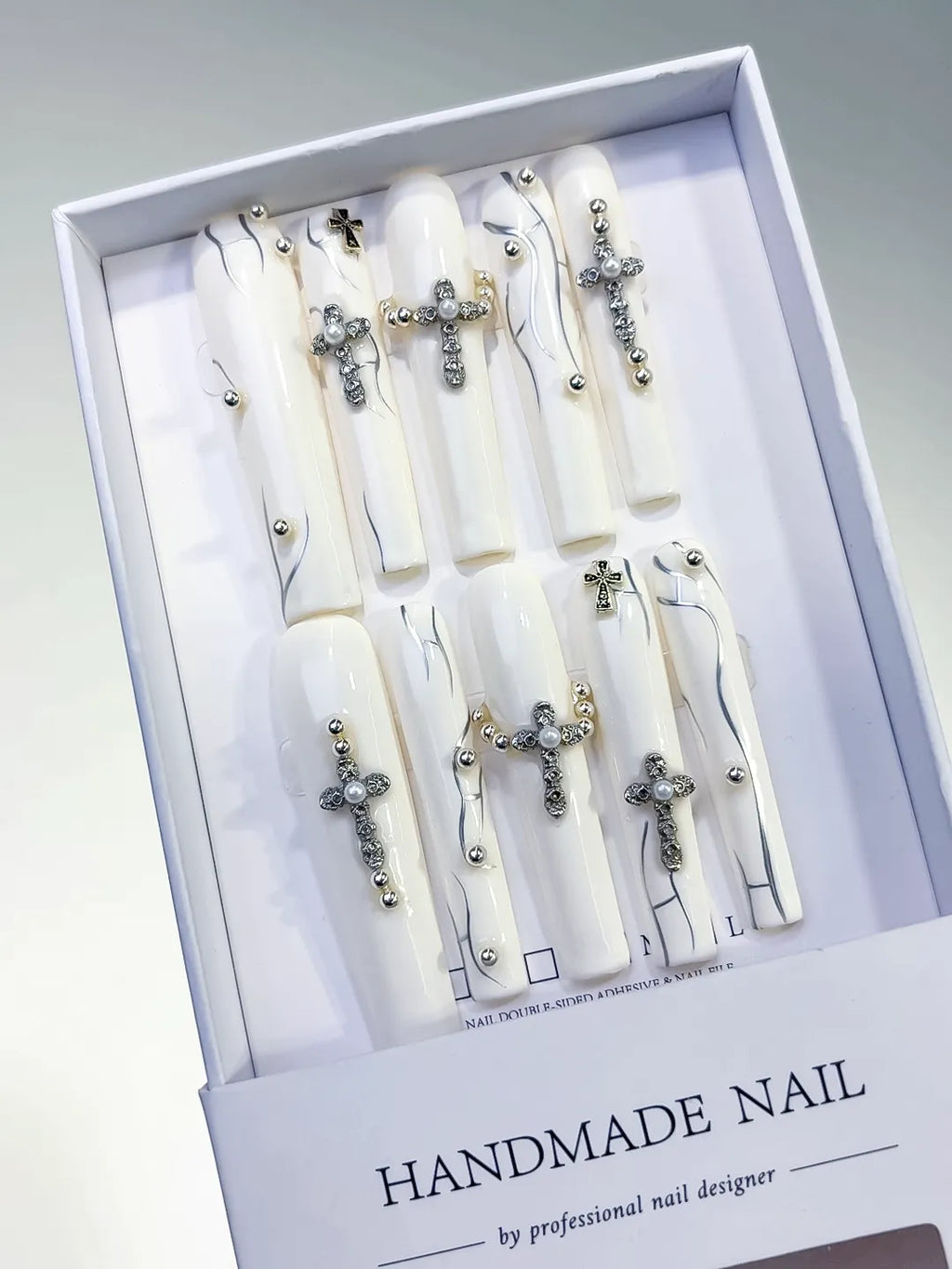 L109 - Long White Square Abstract Rhinestone Swirl