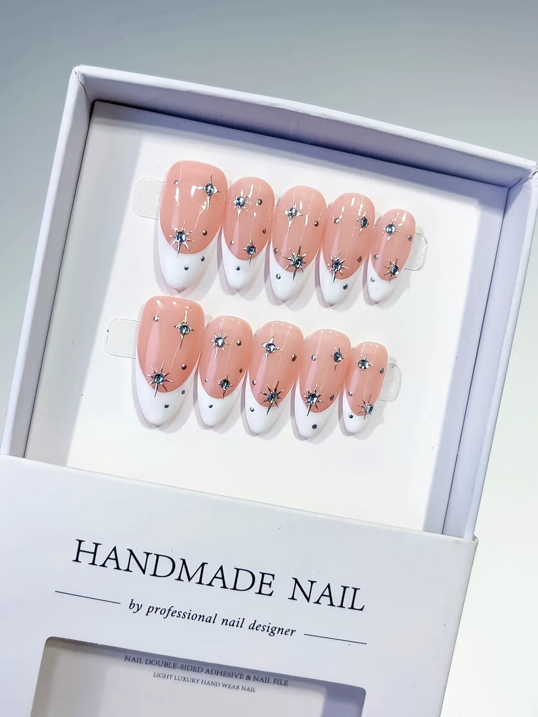 C439 - Medium Nude White Almond French tip Star Rhinestone