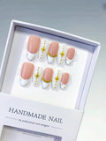 C440 - Medium Nude White Almond French tip Star Gold Bead VibeNailsLab