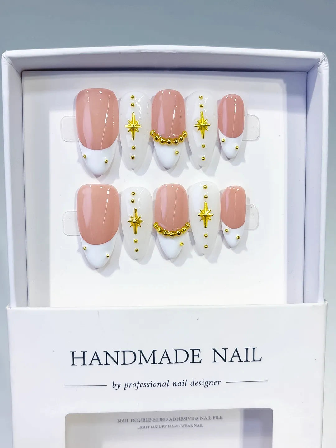 C440 - Medium Nude White Almond French tip Star Gold Bead VibeNailsLab