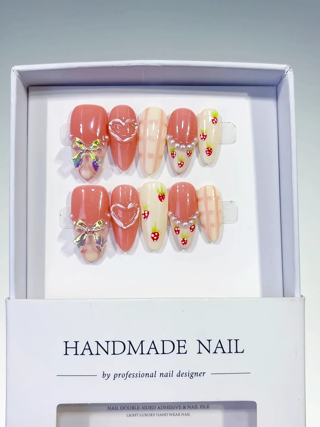 C441 - Medium Pink White Almond French tip Heart Bow VibeNailsLab