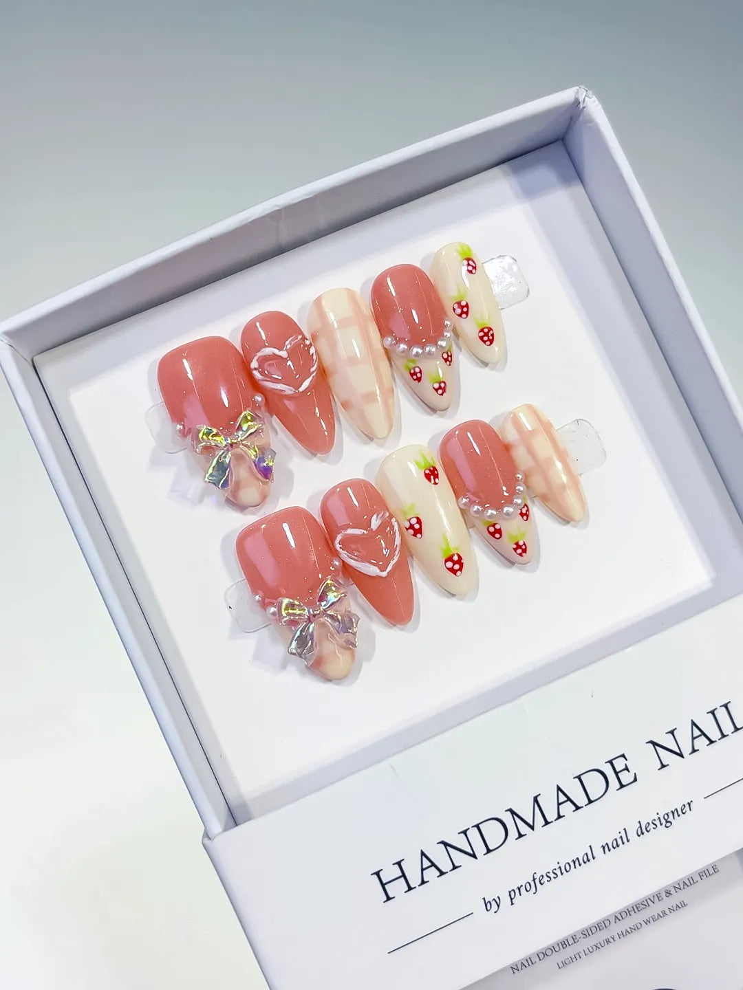 C441 - Medium Pink White Almond French tip Heart Bow VibeNailsLab