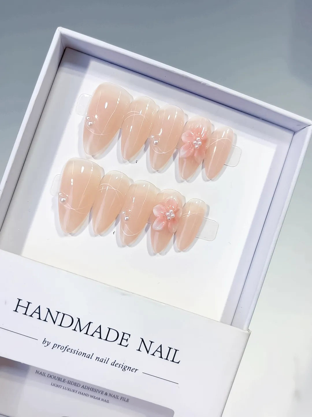 C442 - Medium Nude White Almond Solid color Flower Rhinestone VibeNailsLab