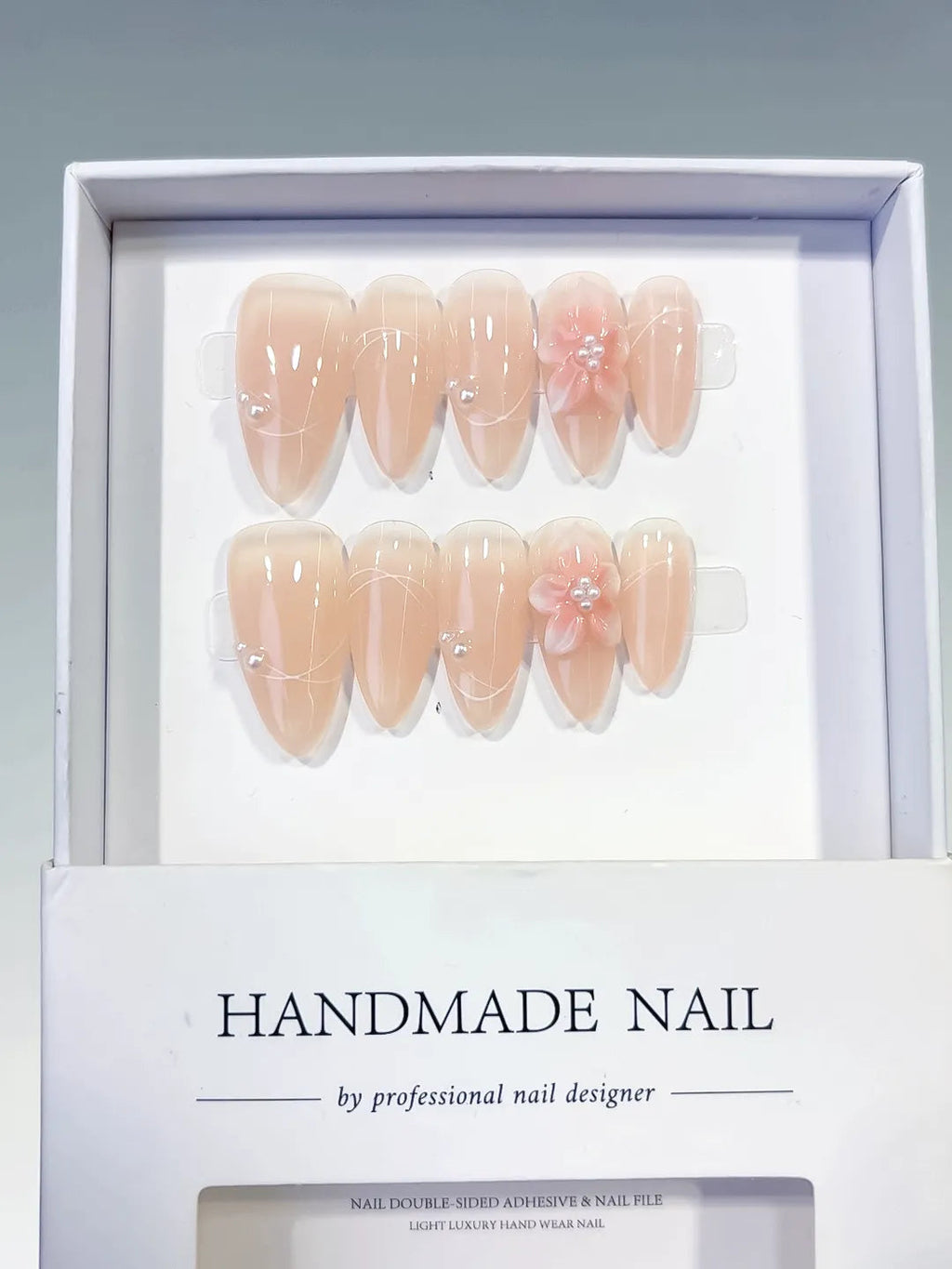 C442 - Medium Nude White Almond Solid color Flower Rhinestone VibeNailsLab
