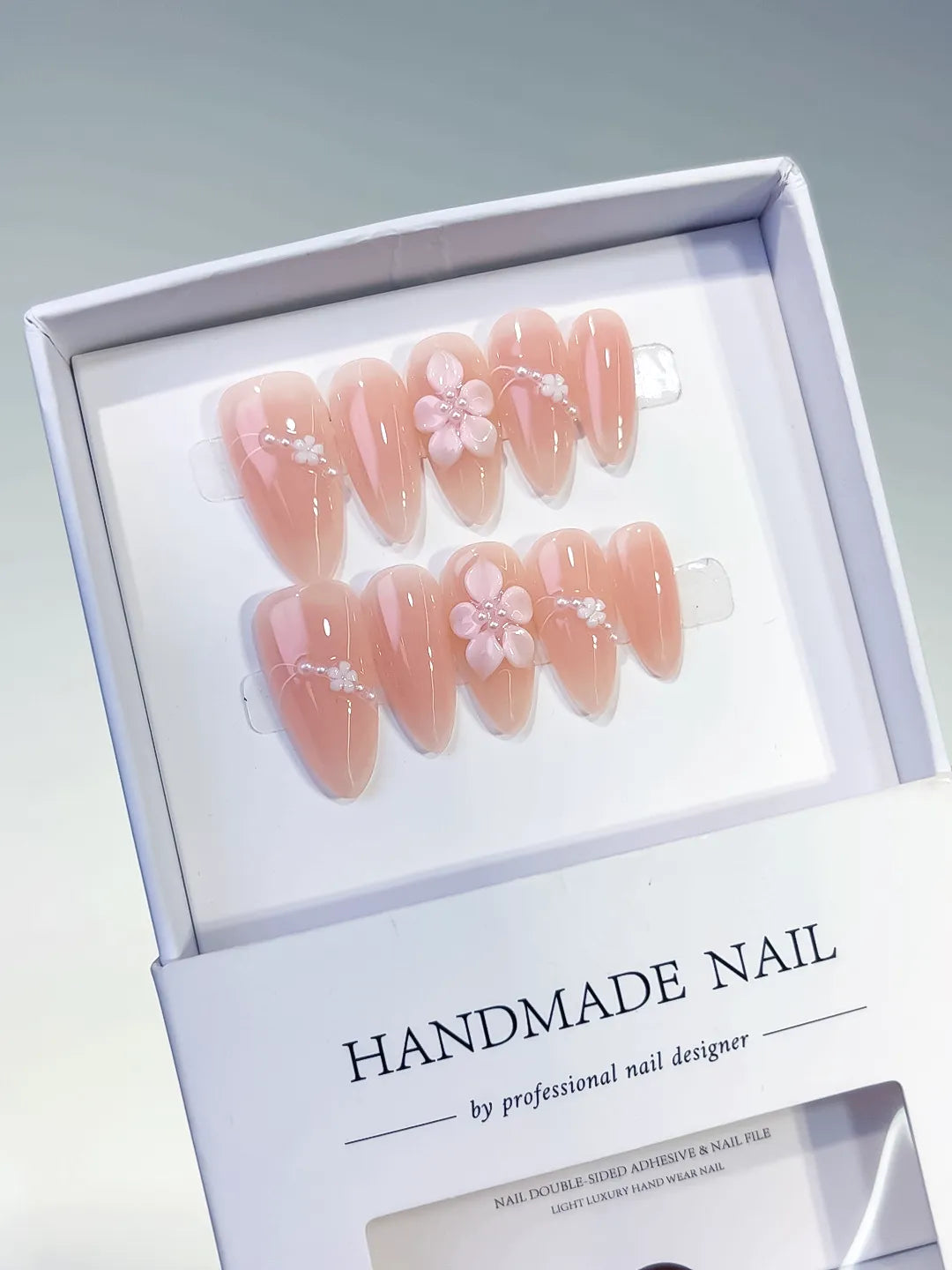 C443 - Medium Nude Pink Almond Solid color Flower Pearl Line