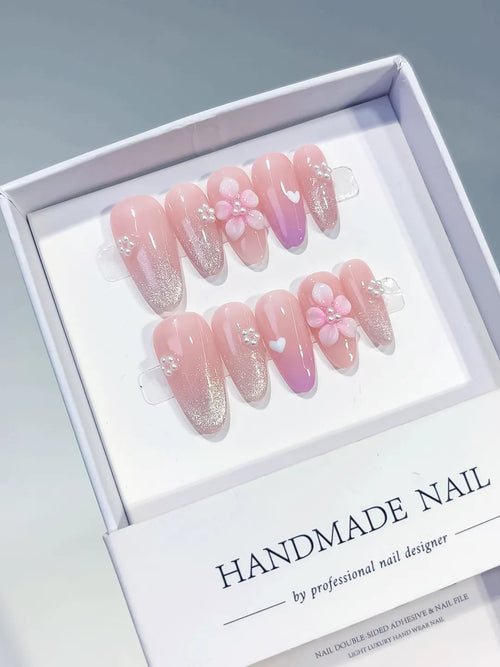C445 - Medium Pink White Almond Glitter Flower Heart VibeNailsLab