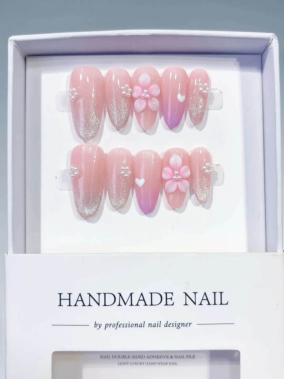 C445 - Medium Pink White Almond Glitter Flower Heart VibeNailsLab
