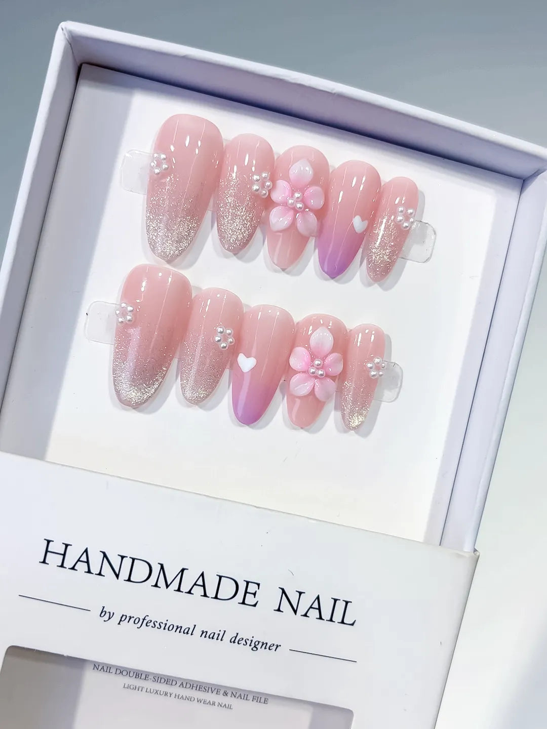 C445 - Medium Pink White Almond Glitter Flower Heart VibeNailsLab