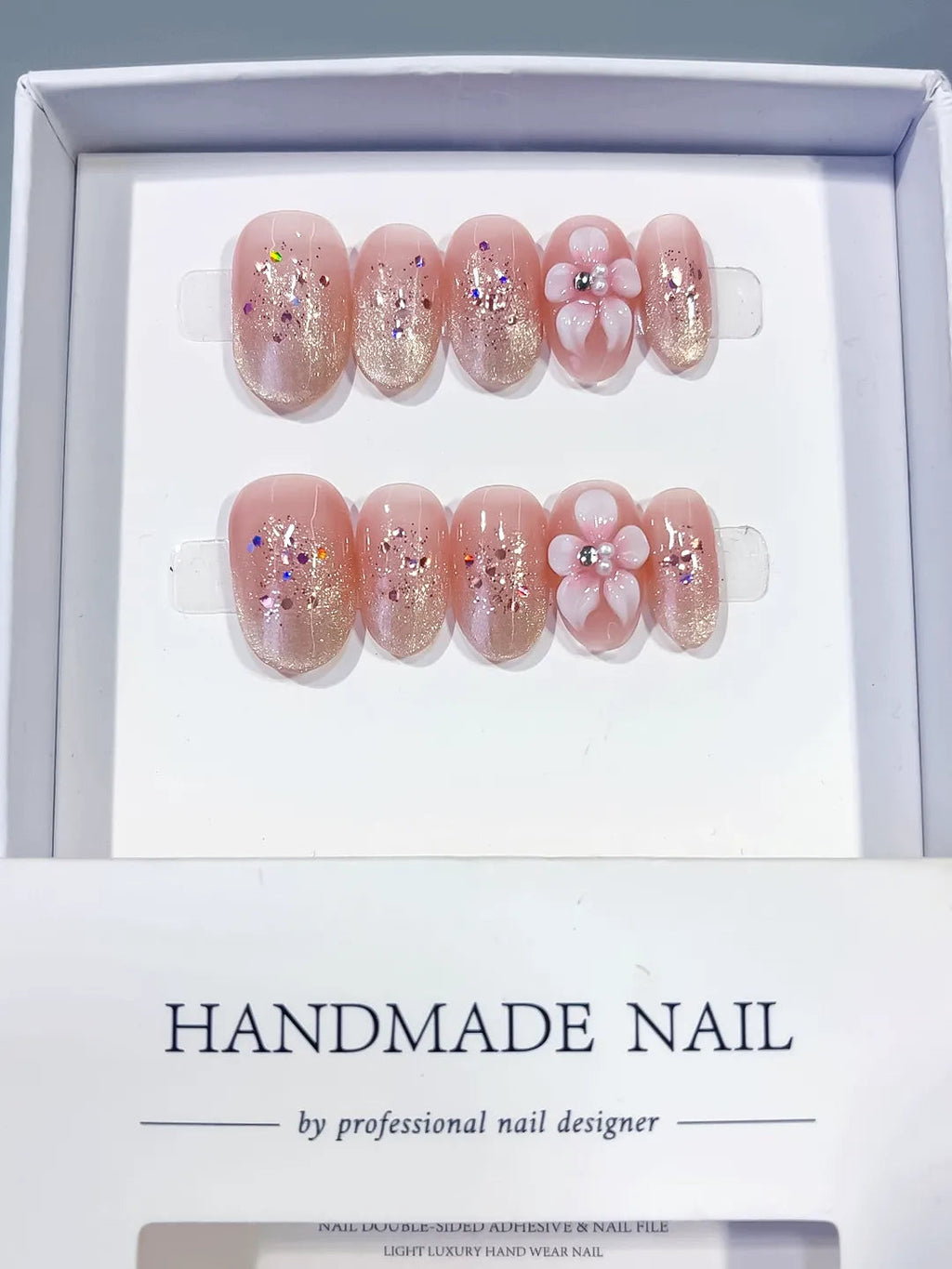 C446 - Short Pink Silver Oval Glitter Flower Confetti VibeNailsLab