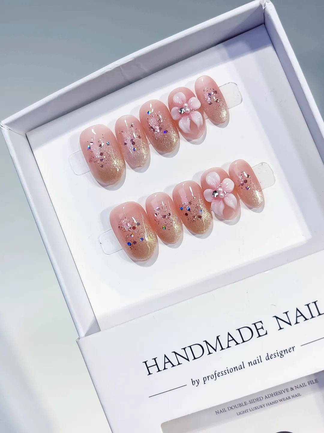C446 - Short Pink Silver Oval Glitter Flower Confetti VibeNailsLab