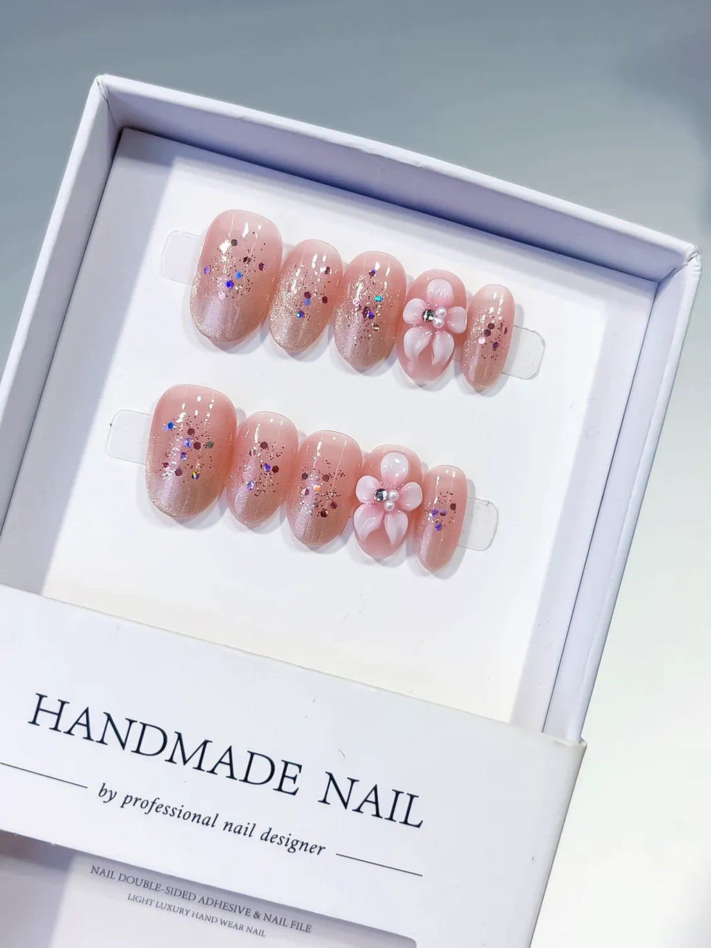 C446 - Short Pink Silver Oval Glitter Flower Confetti VibeNailsLab