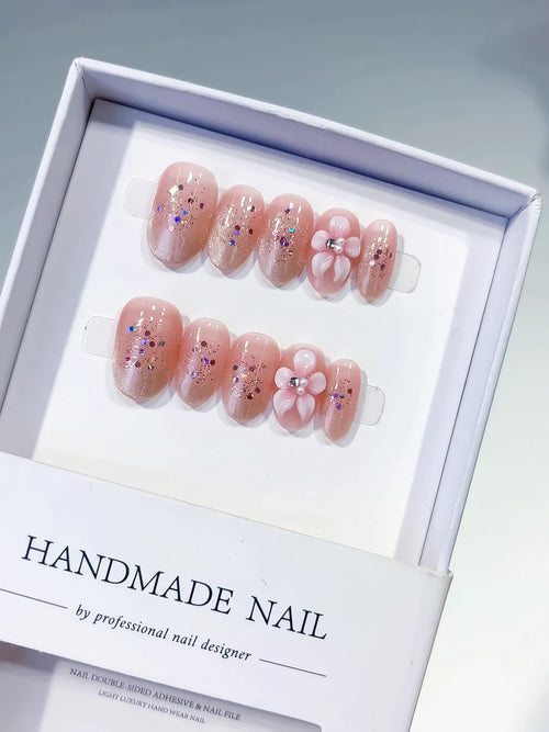 C446 - Short Pink Silver Oval Glitter Flower Confetti VibeNailsLab