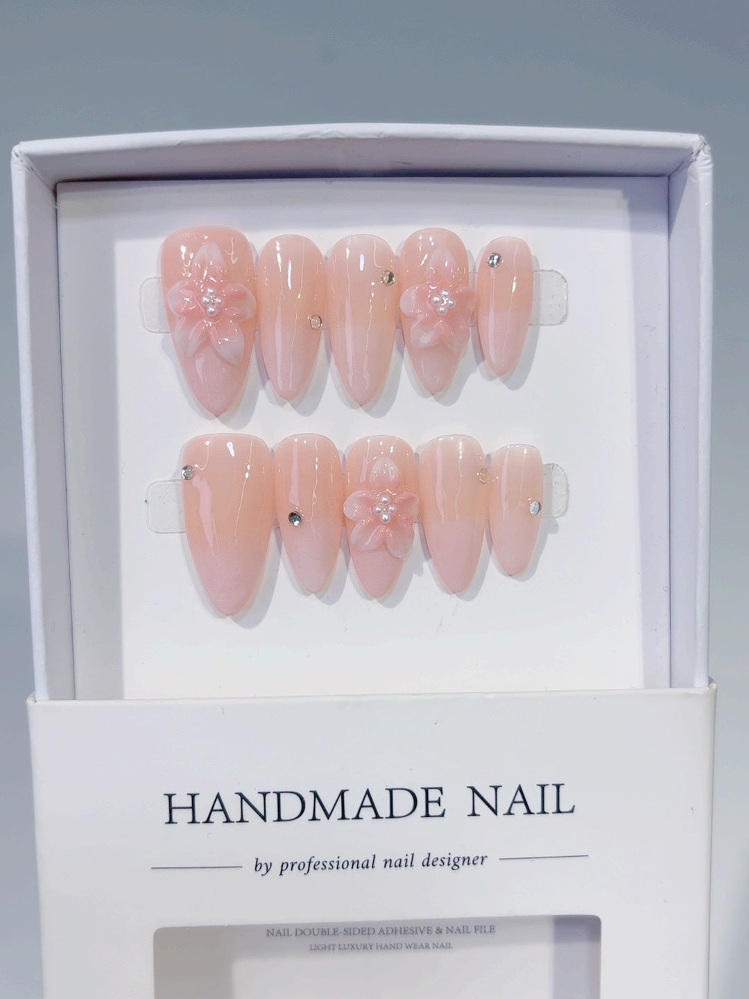 C447 - Medium Pink Almond Solid color Flower Rhinestone VibeNailsLab