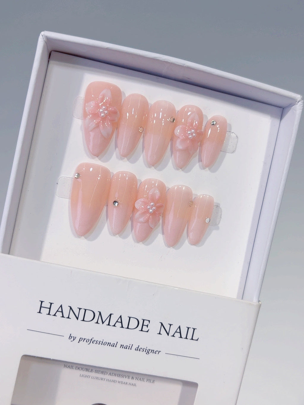 C447 - Medium Pink Almond Solid color Flower Rhinestone VibeNailsLab