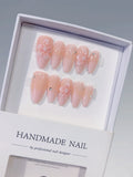C447 - Medium Pink Almond Solid color Flower Rhinestone VibeNailsLab
