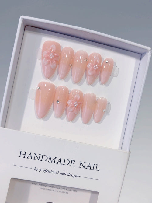 C447 - Medium Pink Almond Solid color Flower Rhinestone VibeNailsLab