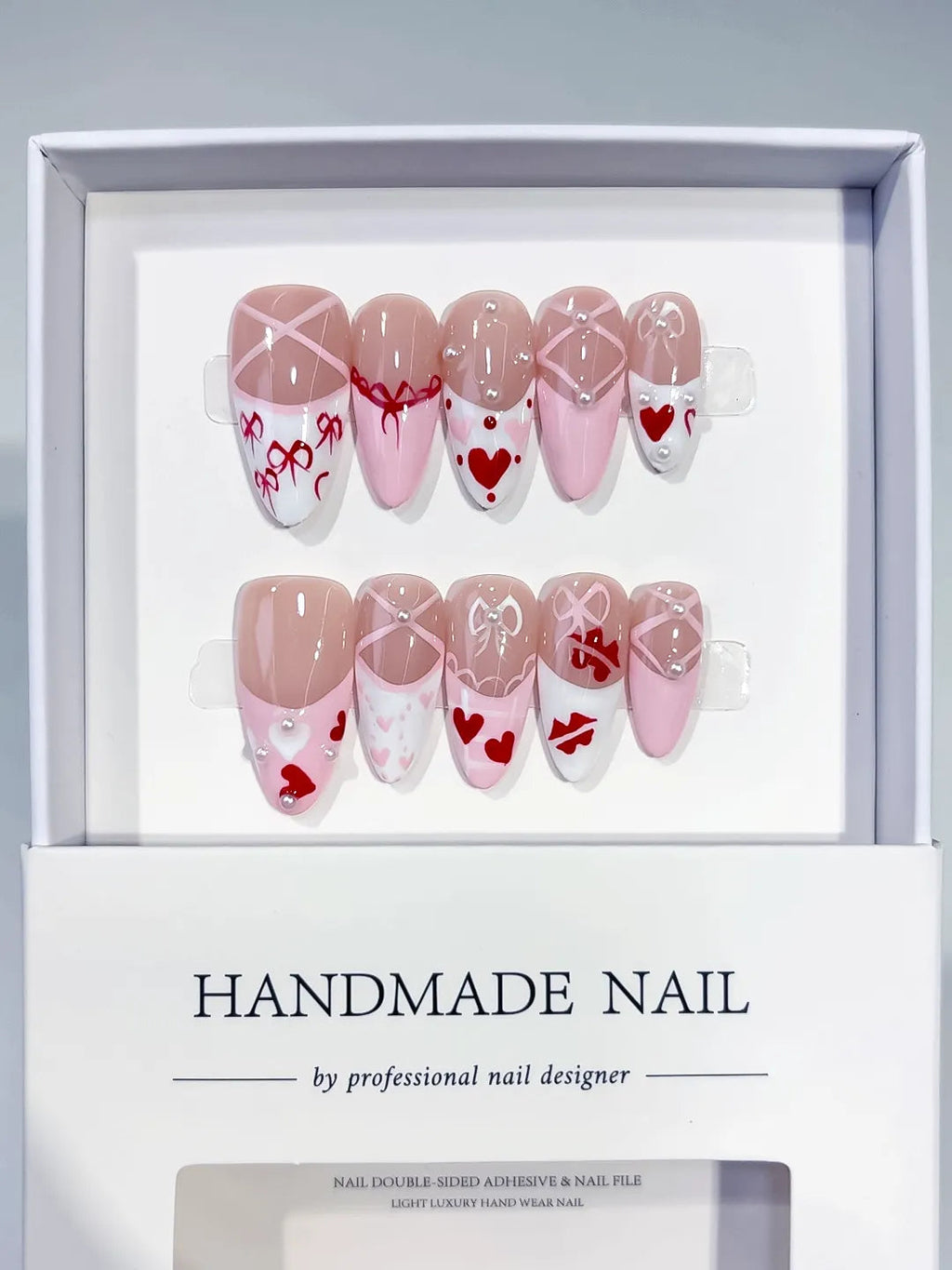 C448 - Medium Pink White Almond French tip Heart Bow VibeNailsLab